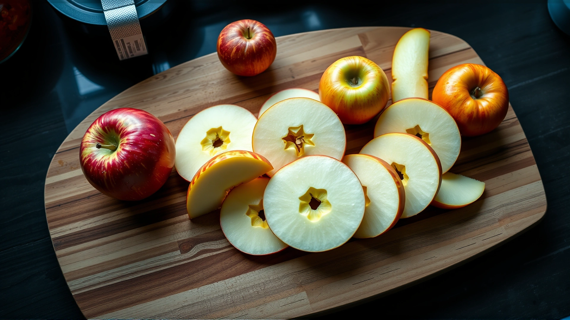 Top-view of freshly sliced apples accompanied by other vitamin C–rich fruits on a wooden cutting board, bright kitchen lighting