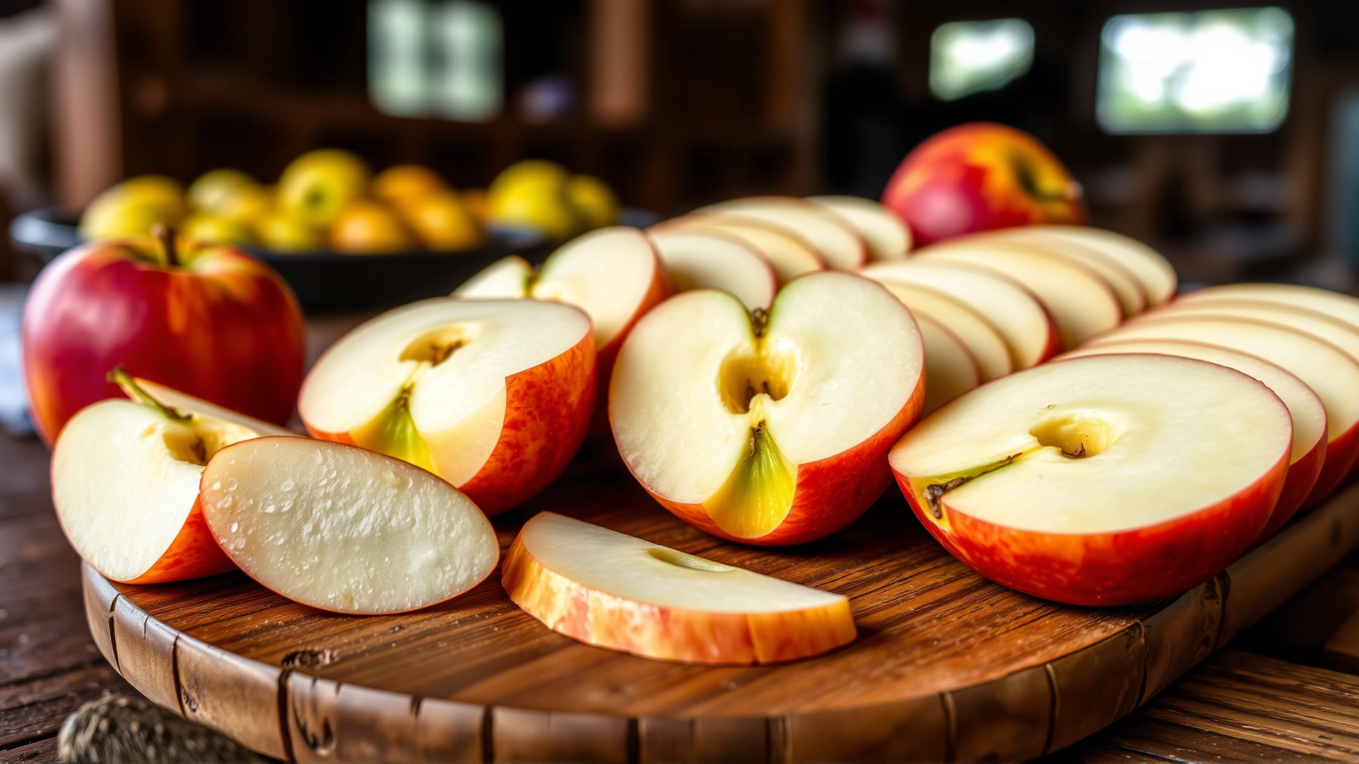 Macro photo of freshly sliced apples neatly arranged on a rustic wooden board inside a stable setting.