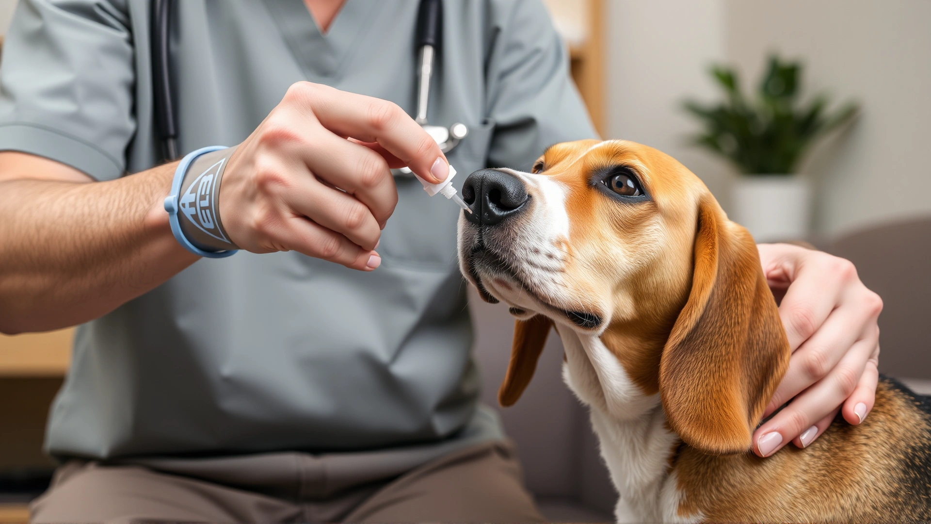 Pet owner applying ear drops to a beagle following veterinarian instructions at home