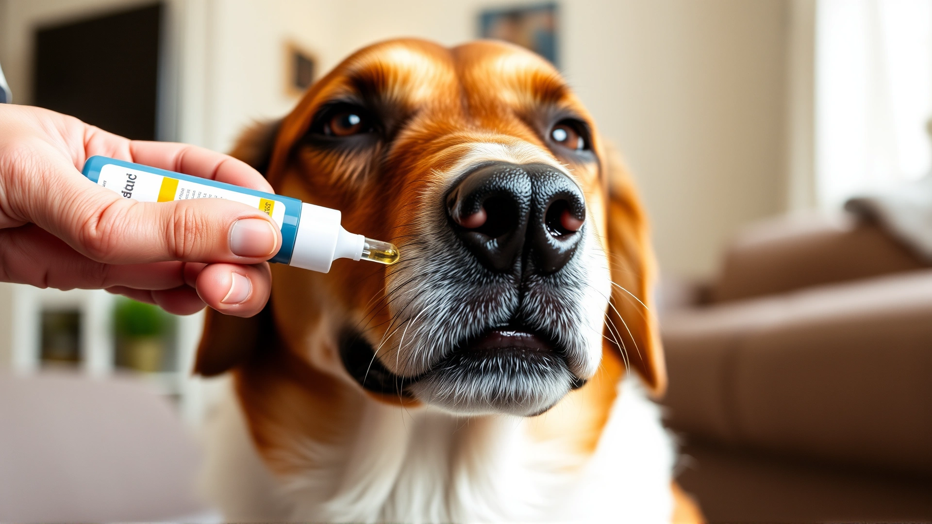 Owner’s hand gently administering Easotic ear drops to a calm dog at home, close-up on the ear and dropper, natural lighting