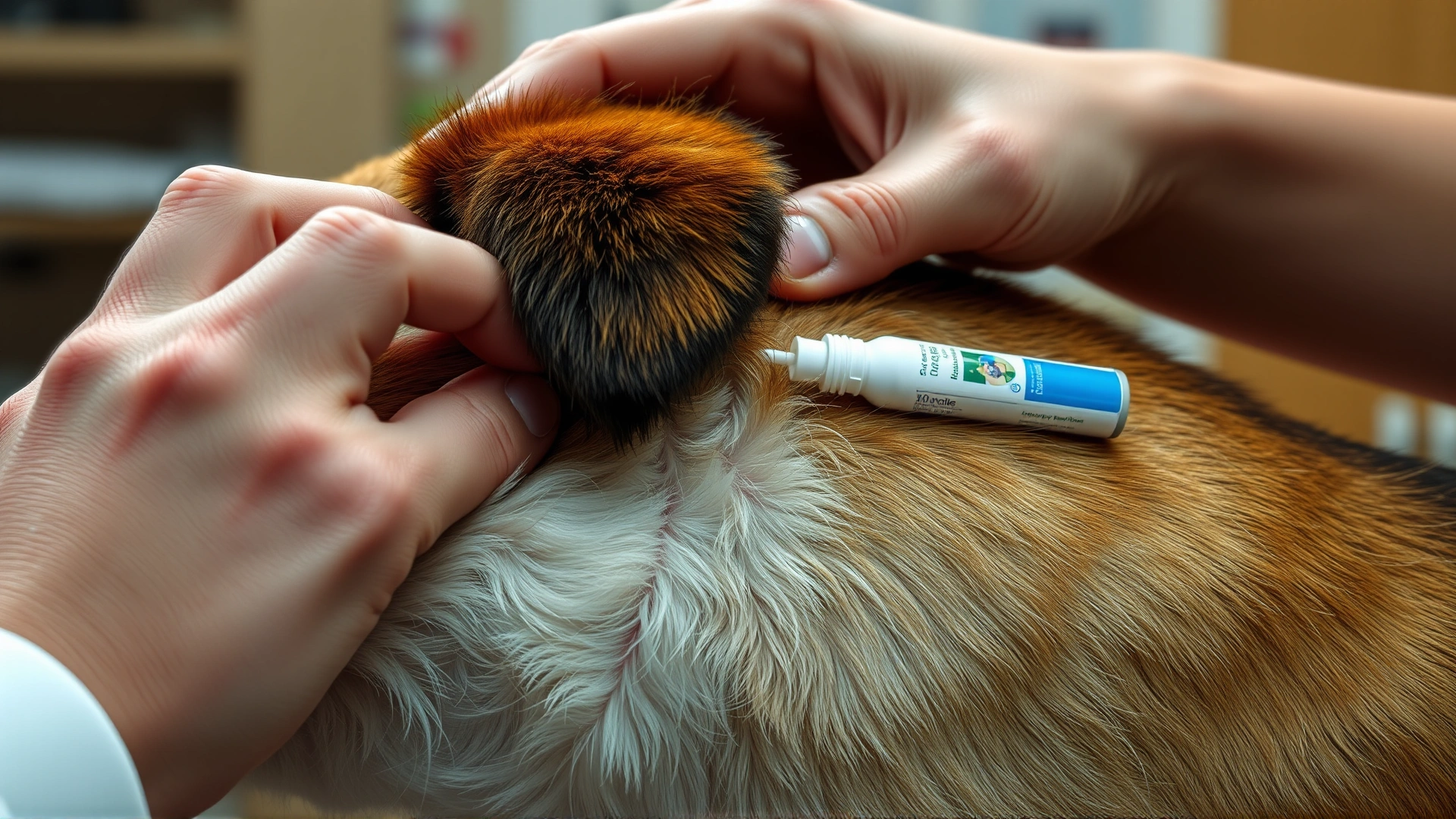 Close-up of a person parting a dog's fur and applying topical medication on the skin between the shoulder blades, indoor lighting, no text
