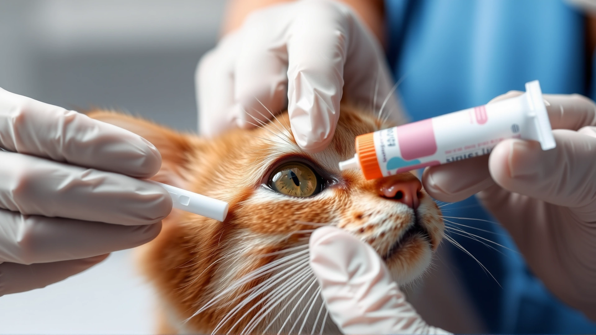 High-resolution photo of a pet owner wearing disposable gloves, gently pulling down a cat’s lower eyelid while applying a thin strip of ointment from a tube.