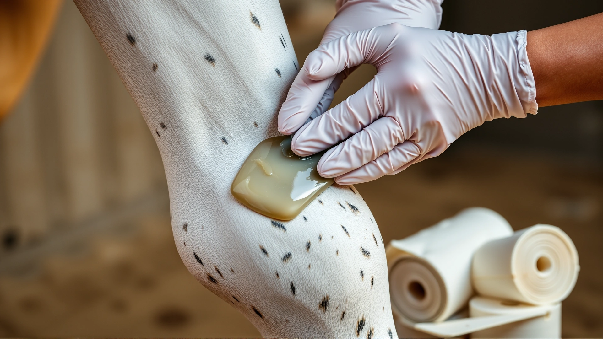 Hands wearing disposable gloves massaging clear gel liniment onto a horse’s lower leg, white bandage rolls visible nearby.