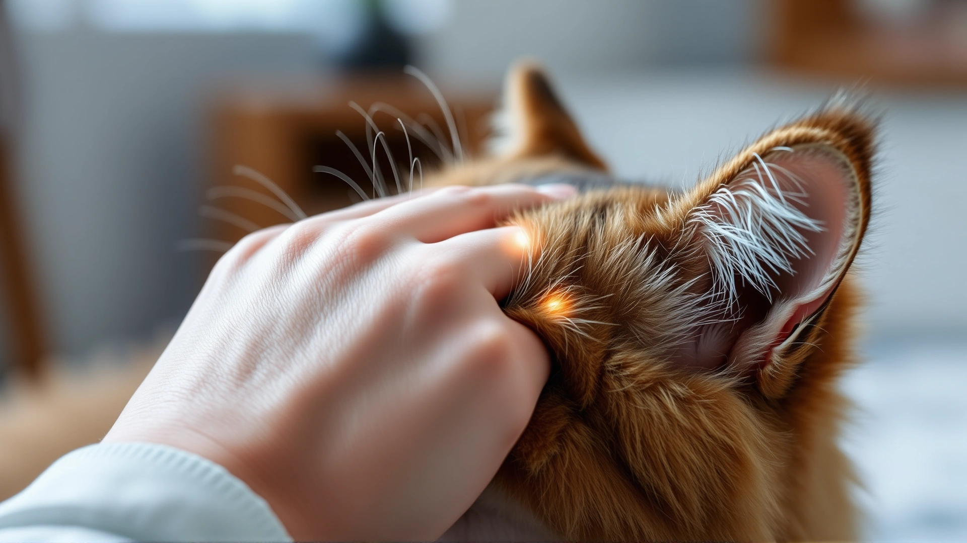 Close-up of a person’s hand parting a cat’s fur and applying spot-on medication between the shoulder blades, indoor lighting