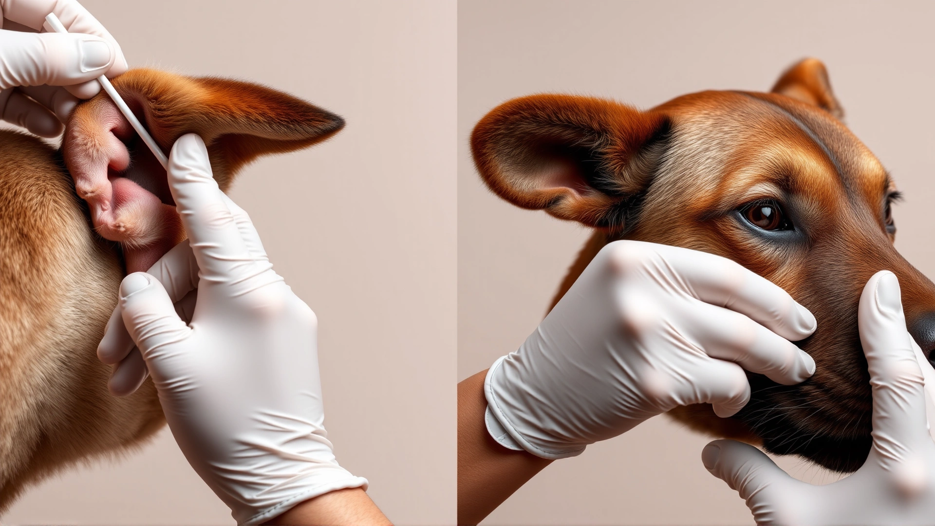 Series of close-up shots showing gloved hands cleaning a pet’s ear and applying ointment with a cotton swab, neutral background.