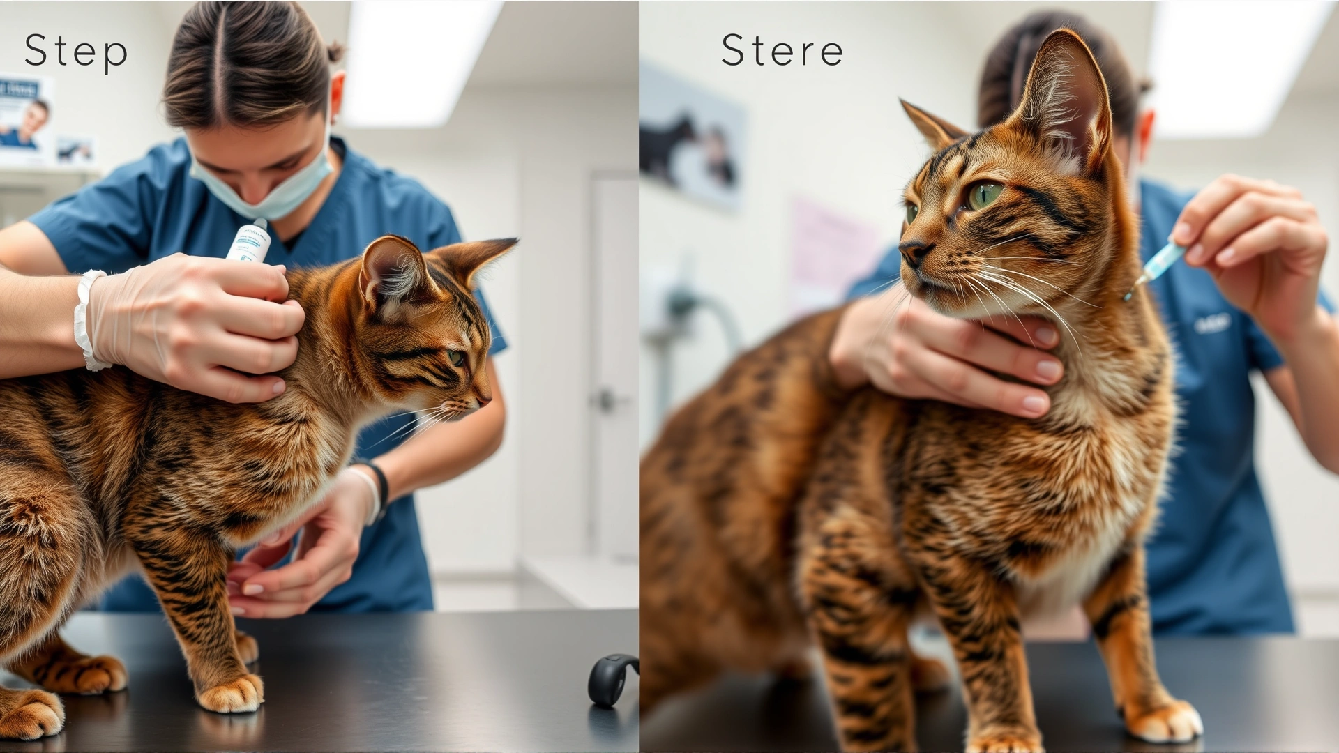 Step-by-step montage style image showing how to apply a topical solution to a cat's neck in a clean veterinary clinic setting.