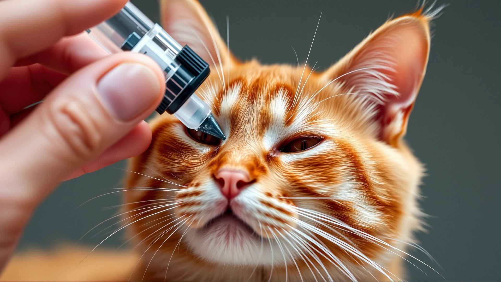 Owner’s hand applying prescription eye drops to a cooperative orange cat, close-up perspective.