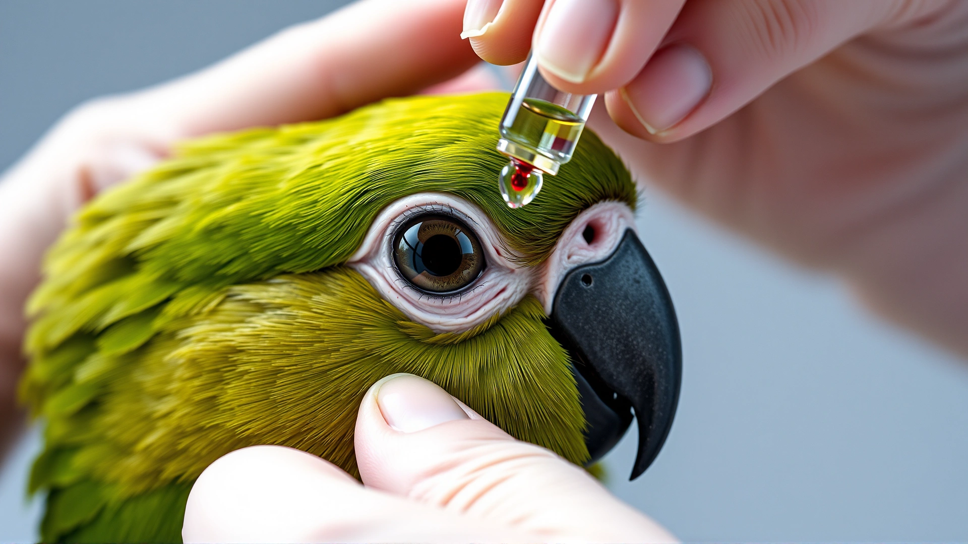 Close-up view of a veterinarian's hands applying an eye drop to a green parrot's eye, showing clear detail of the drop about to fall