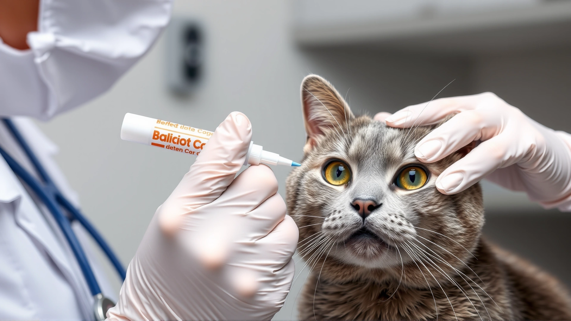 Veterinarian wearing disposable gloves applying a small dab of ointment to the inner ear flap of a grey domestic shorthair cat in a clinical setting