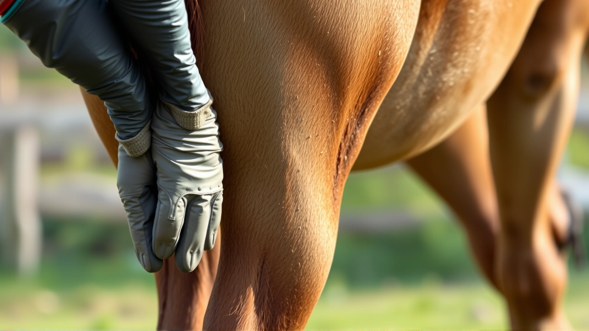 Gloved hands spreading gray clay poultice on the back tendon of a horse's hind leg