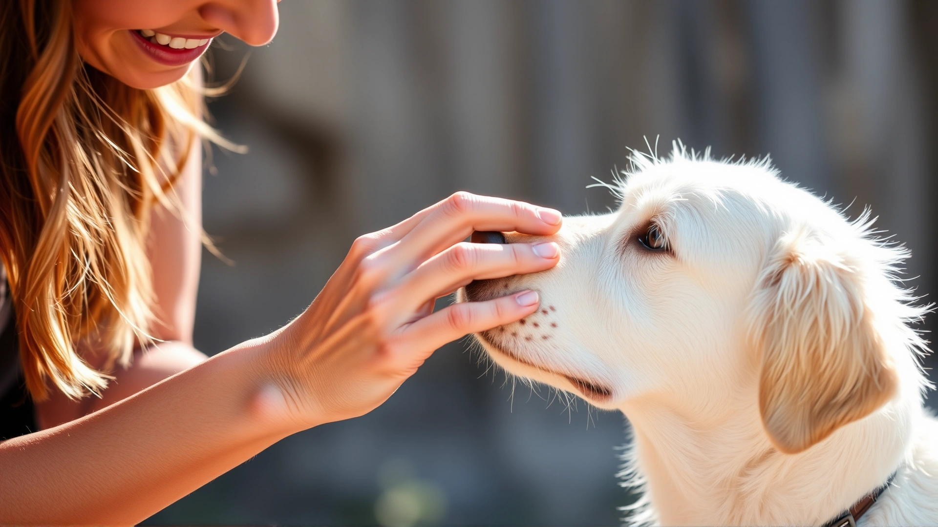 A pet owner gently applying pet-safe sunscreen on a short-haired white dog's nose outdoors.