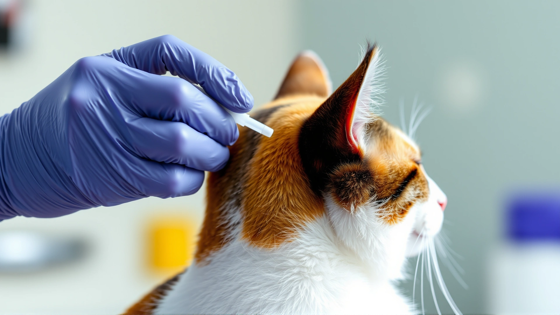 Close-up photo of a veterinarian hand in latex gloves applying a spot-on treatment to the back of a calico cat's neck, clinical background blurred