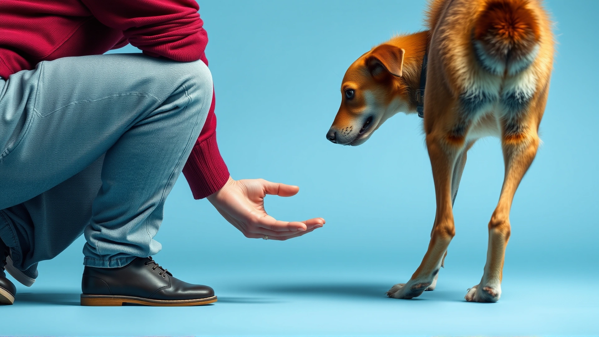 Side view of a person crouching while allowing an unfamiliar dog to sniff their outstretched hand. No text.
