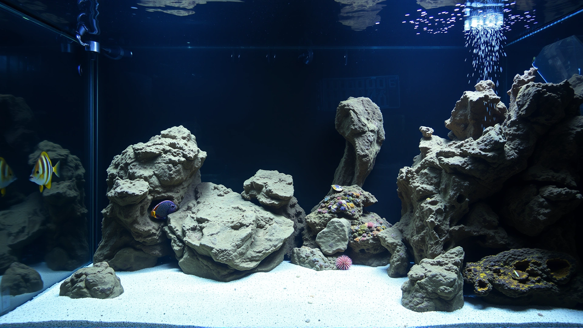 Interior view of a 55-gallon marine aquarium with live rock formations, sandy substrate, and moderate lighting