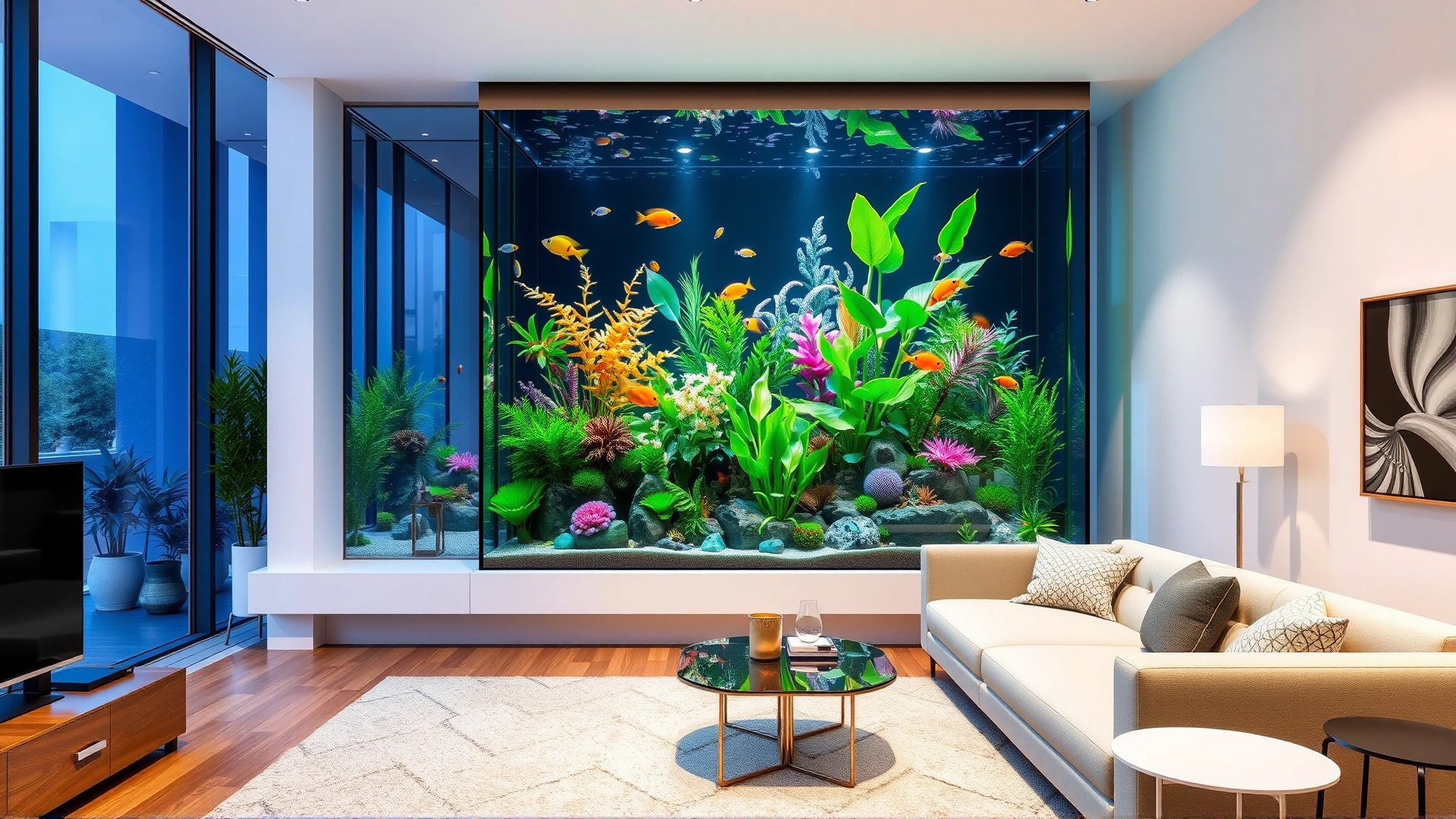 Modern glass aquarium filled with colorful tropical fish and lush aquatic plants inside a contemporary home interior