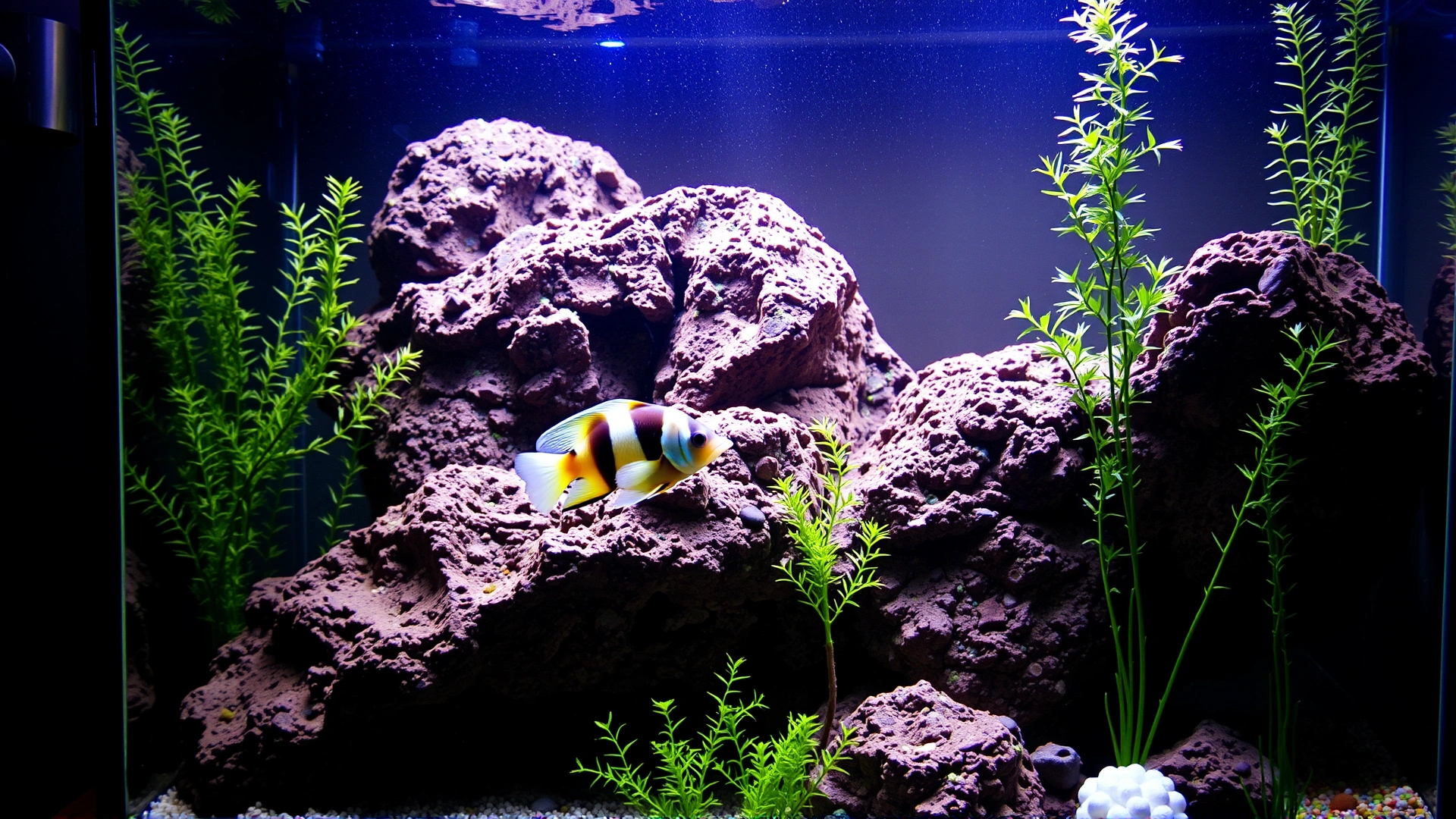 Home saltwater aquarium with a small puffer fish exploring live rock and marine plants, warm ambient lighting