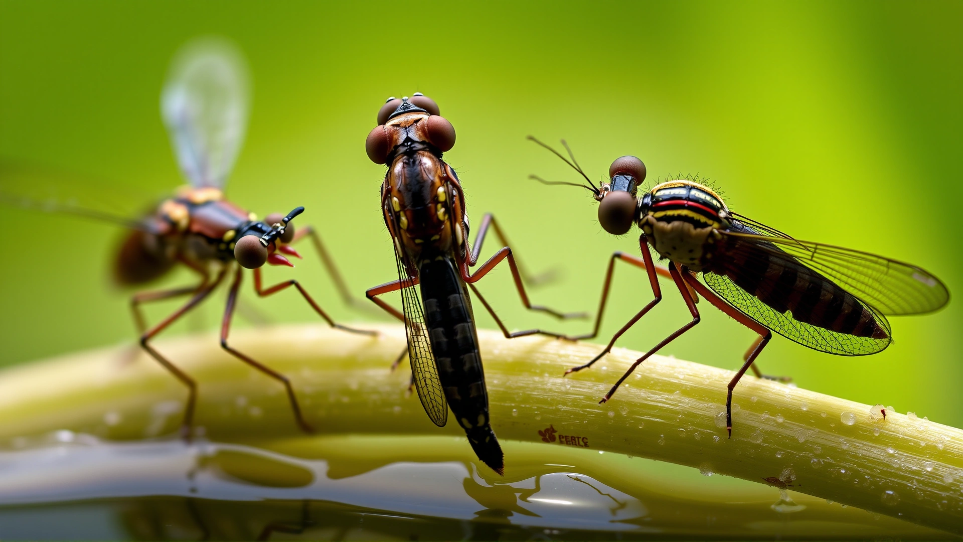 Macro photograph of mayflies and dragonfly nymphs resting on a plant near water, highlighting the insect vectors of Potomac Horse Fever
