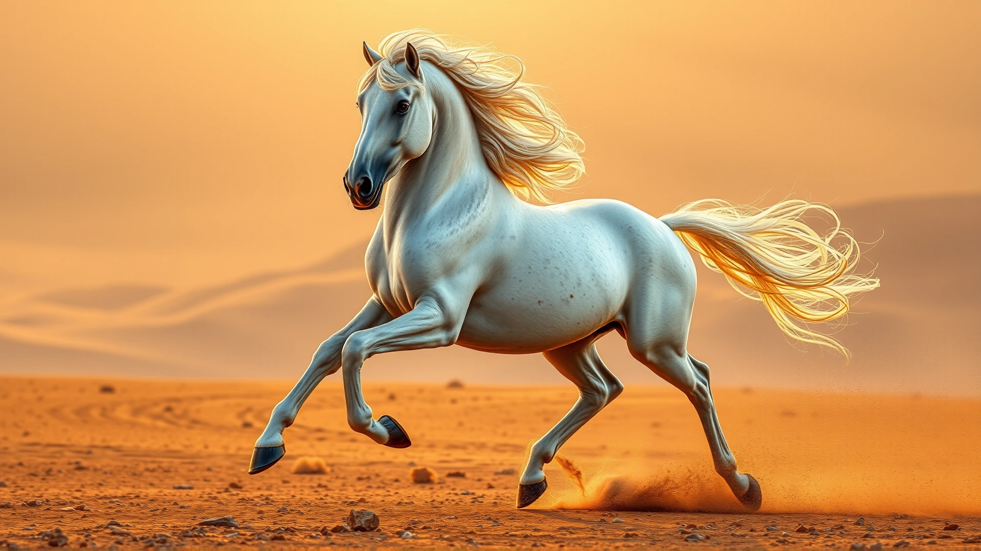 Elegant Arabian horse galloping across a golden desert landscape with flowing mane and tail