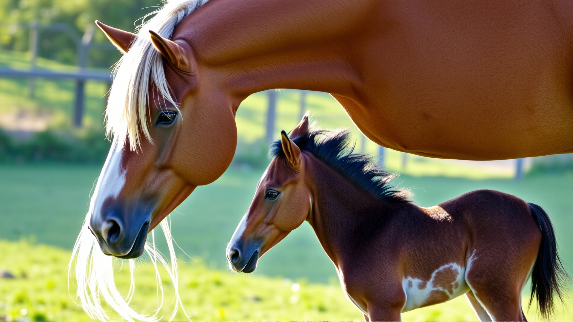 Realistic photo of an Arabian mare and stallion nuzzling their newborn foal in a green paddock, emphasizing genetic lineage and family.