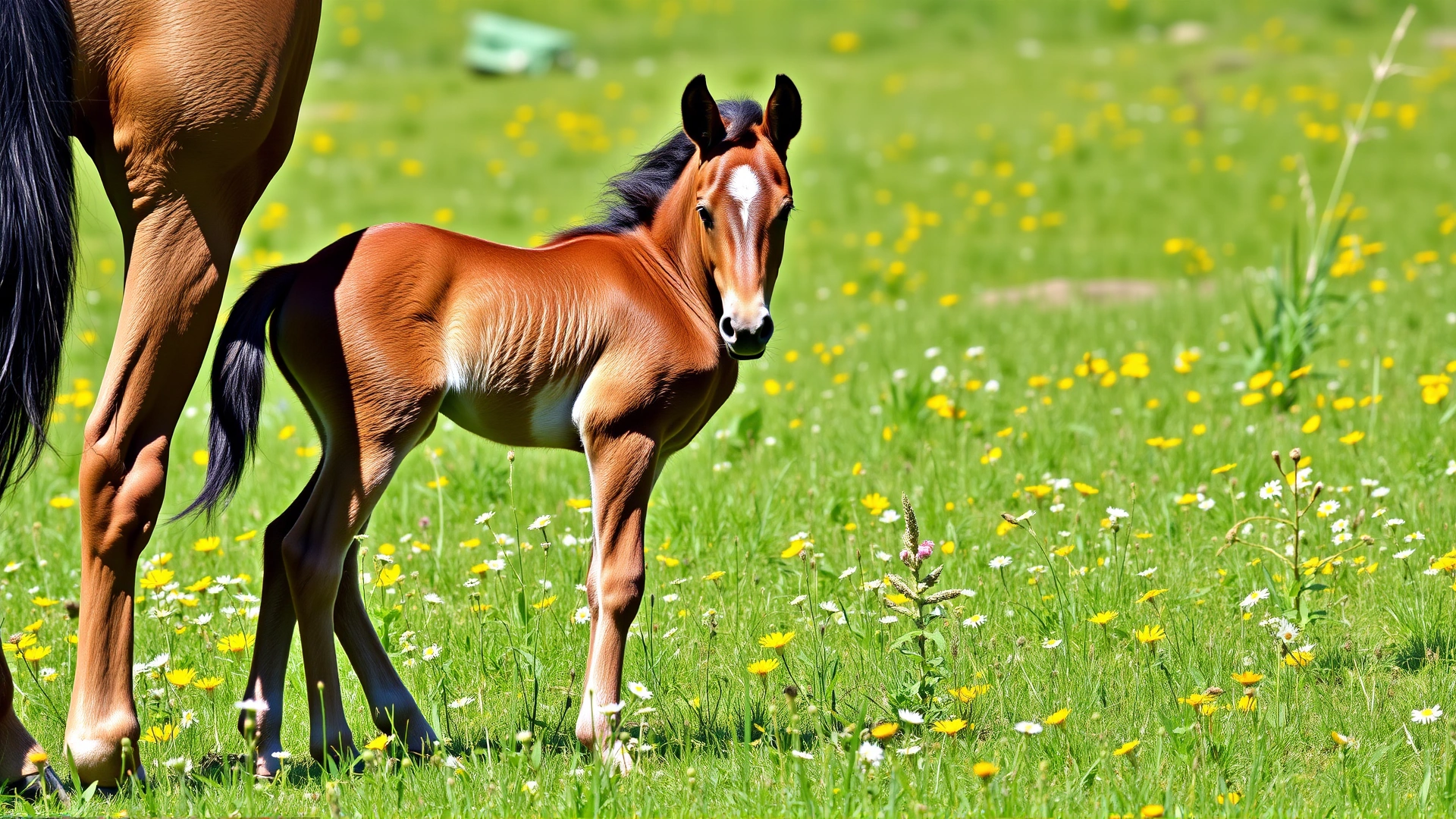 Playful Ardennais foal standing beside its dam in a sunny meadow dotted with wildflowers.