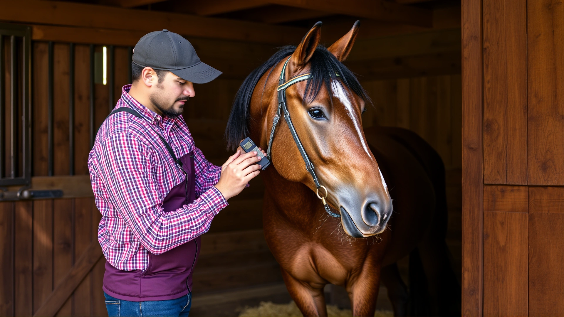 Owner brushing the feathered legs of an Ardennais horse inside a rustic wooden stable.