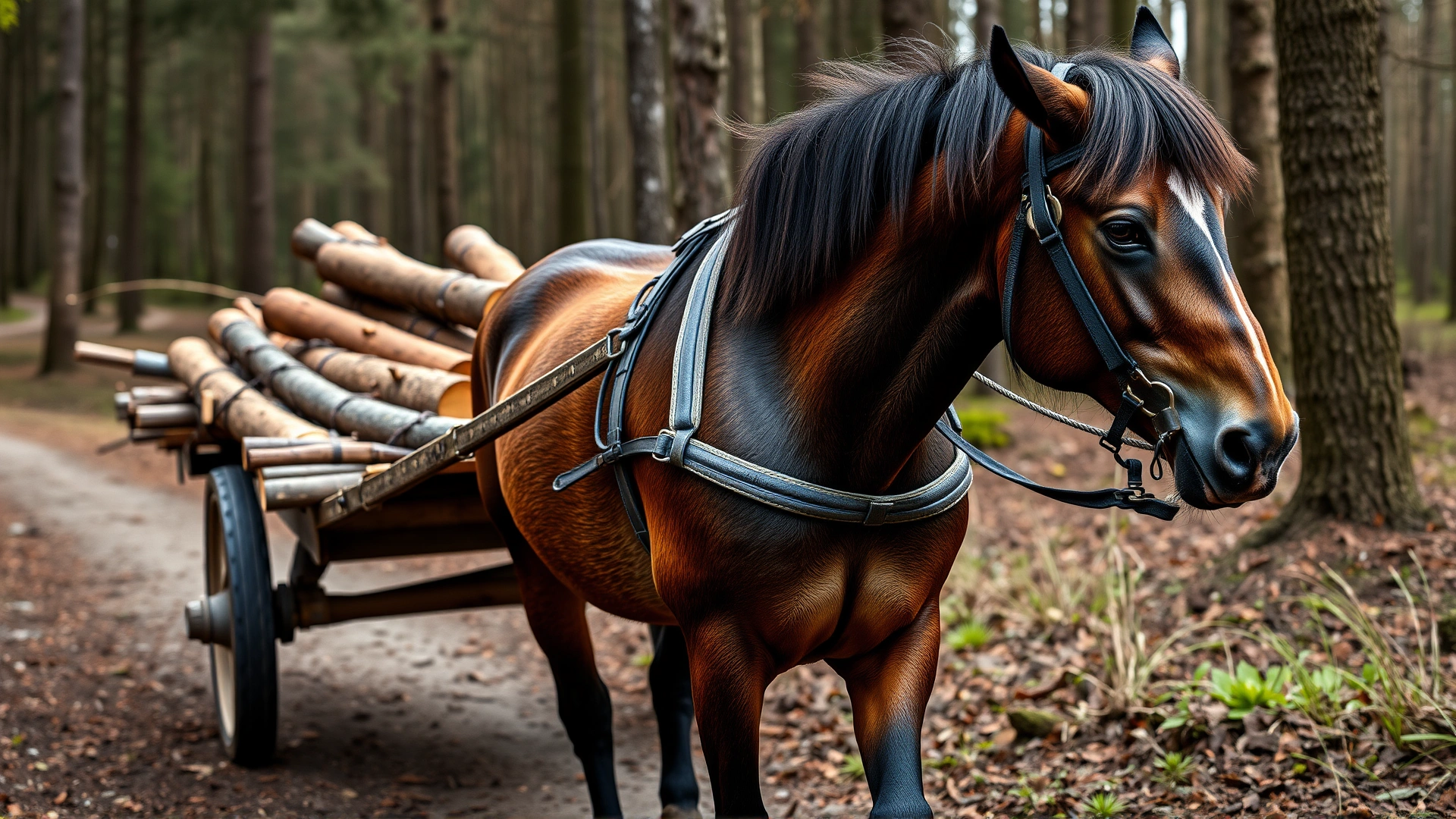 Ardennais horse pulling a traditional wooden cart loaded with freshly cut logs along a forest path.