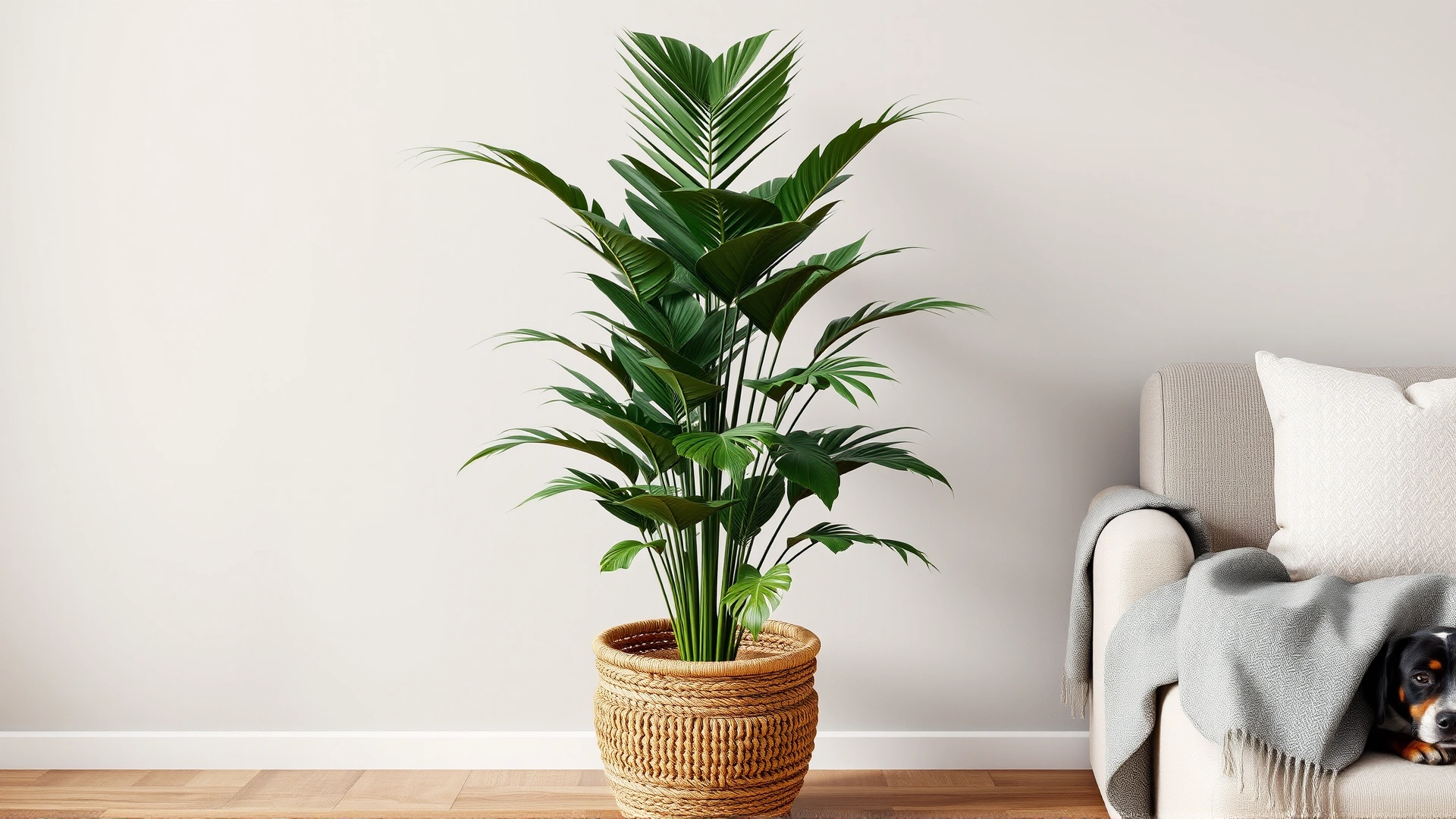 Tall areca palm placed in a woven basket planter beside a cozy armchair, with a dog resting nearby.