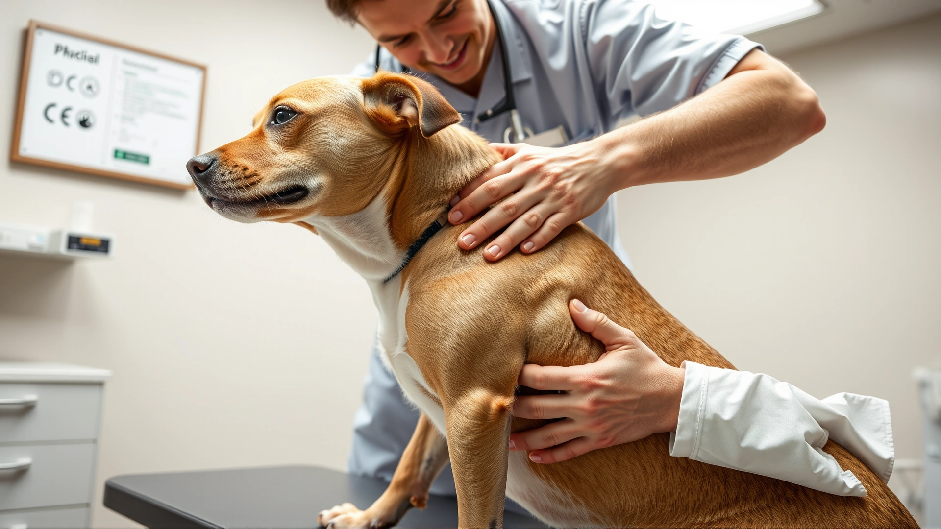 Veterinarian lifting a dog’s front leg to inspect the armpit area for ticks, clinical exam table, well-lit
