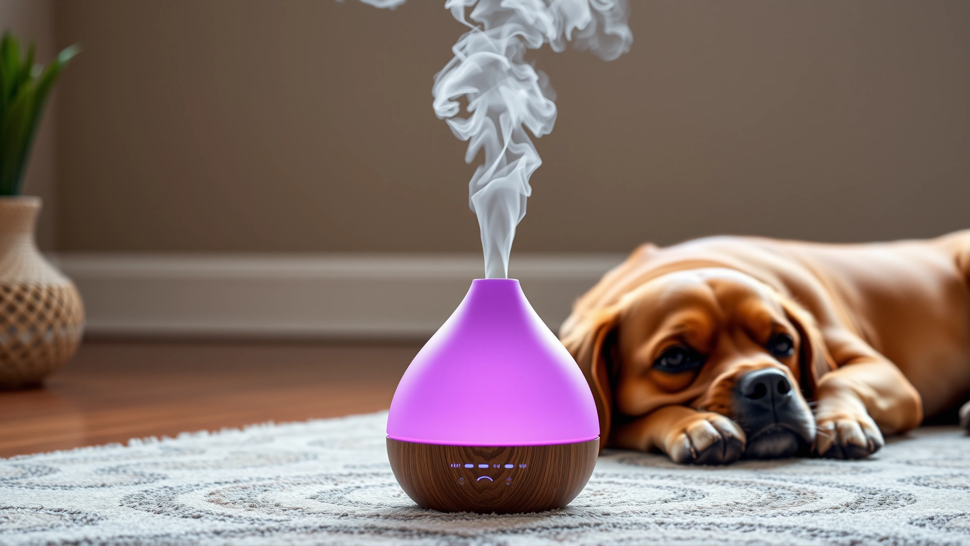 Essential oil diffuser emitting lavender-scented mist next to a laid-back dog on a rug