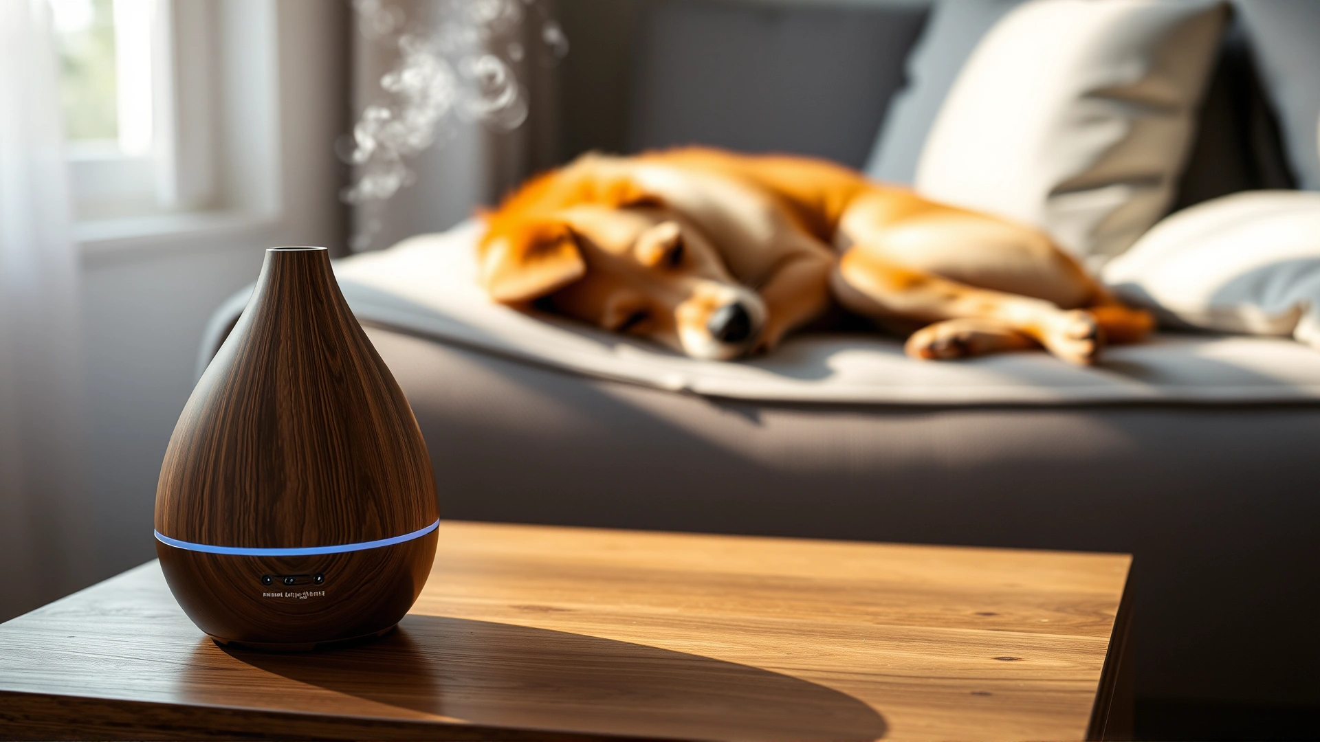 Close-up of a small aromatherapy diffuser on a wooden side table with a relaxed dog sleeping on a couch behind it, soft morning light