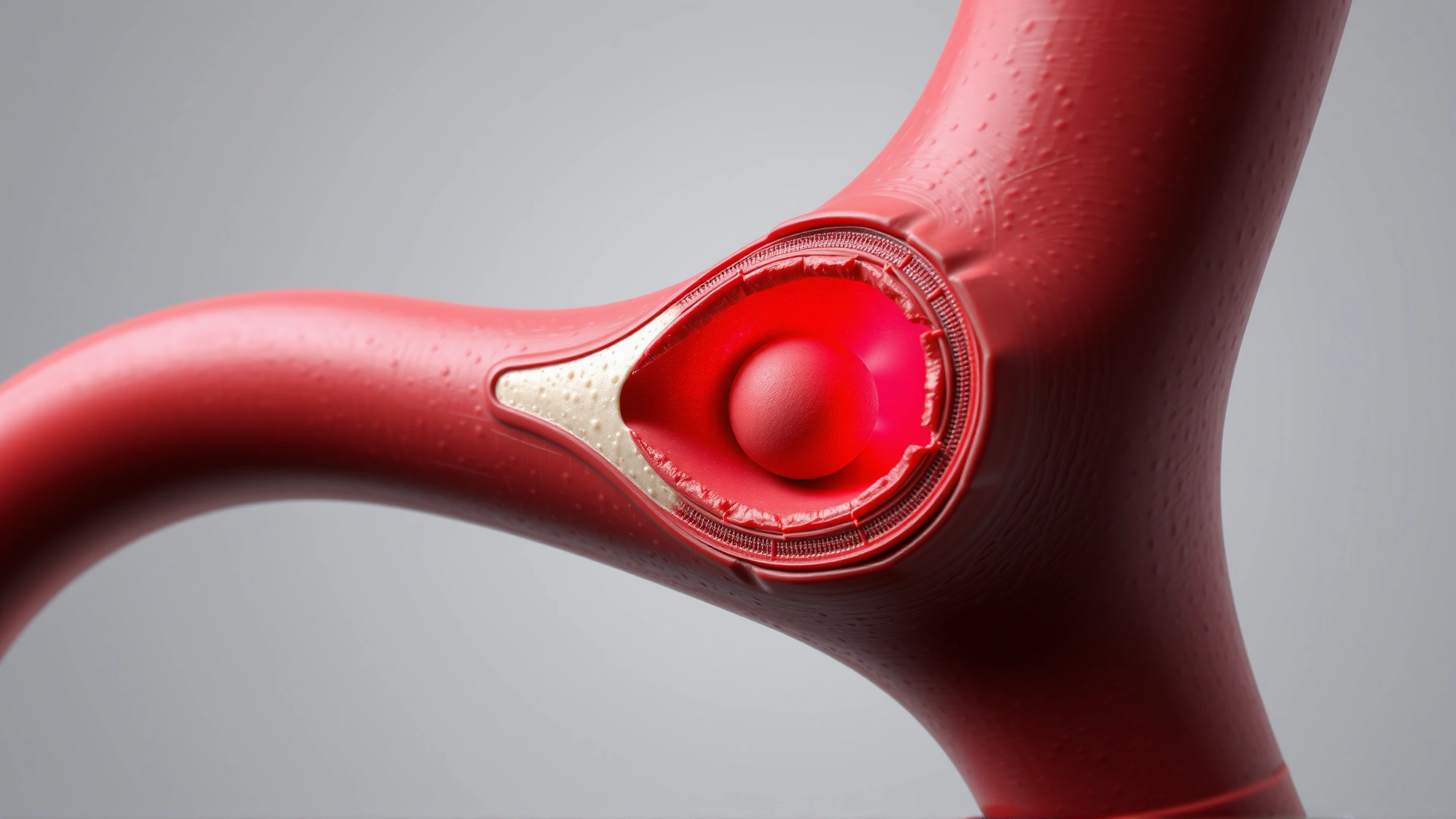 High-detail 3D render of an equine artery cross-section showing a bulging aneurysm, realistic colors, scientific but without any labels or text