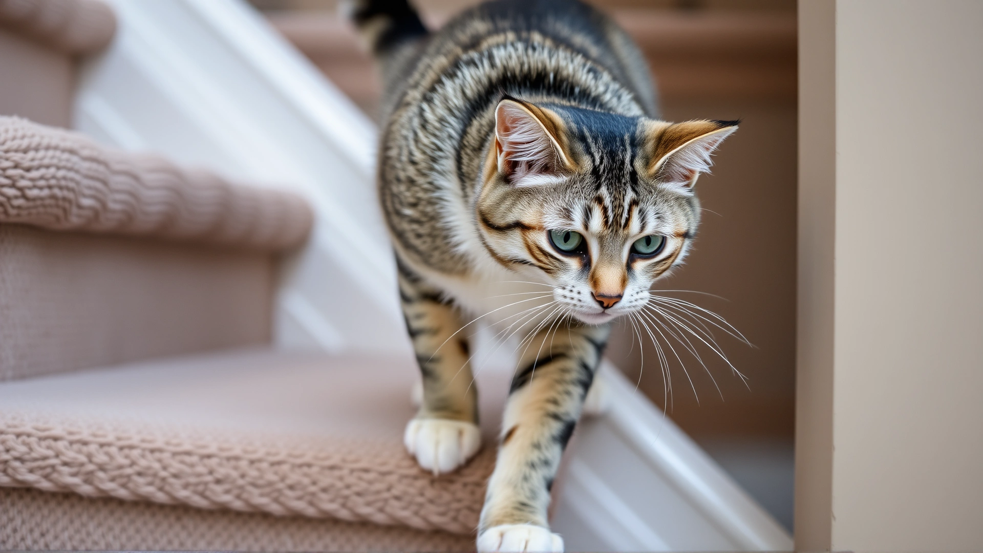 A senior tabby cat cautiously descending stairs with visible joint stiffness.