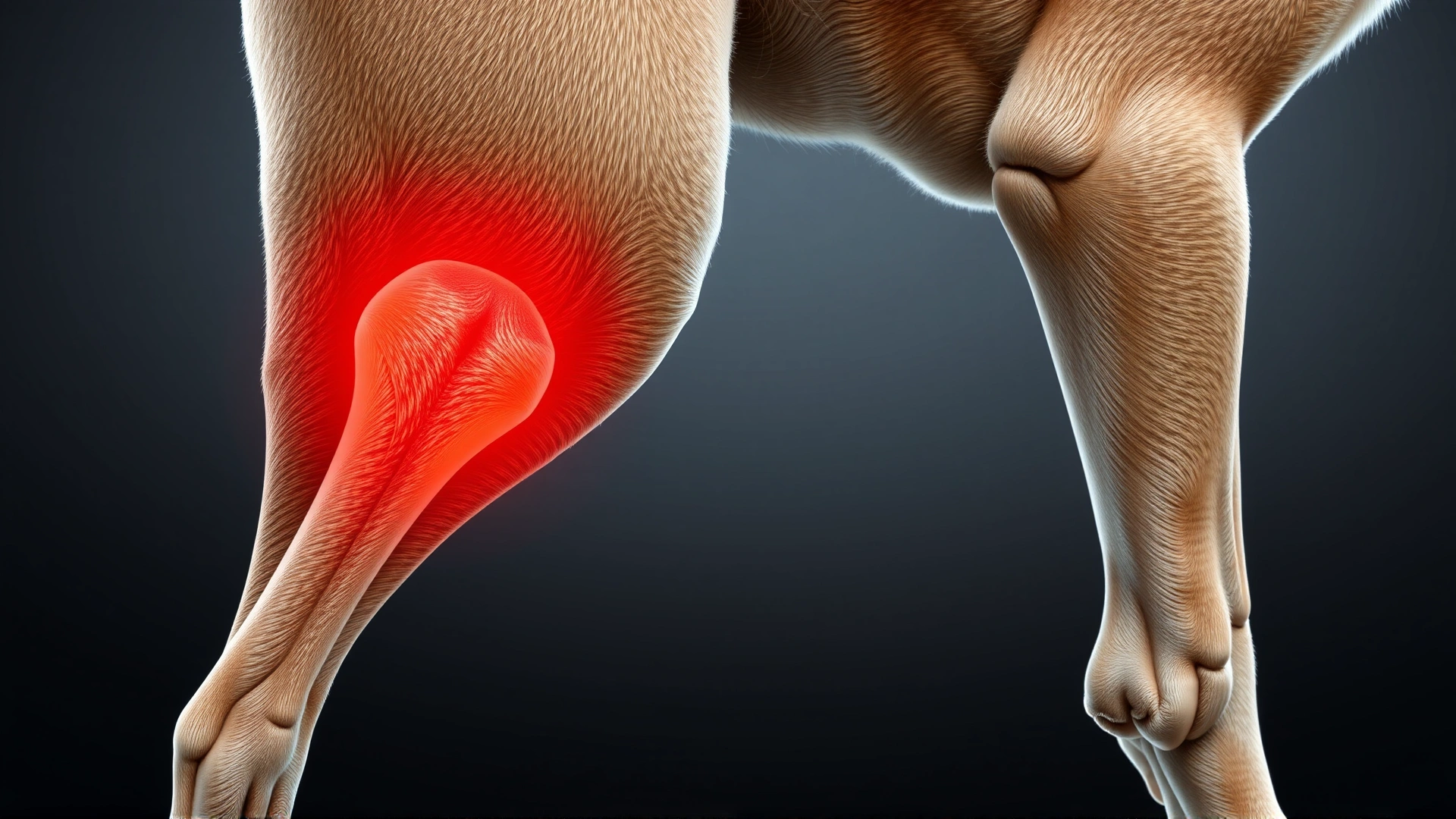 Artistic illustration of a dog's hind leg joint showing inflammation and arthritic changes, no text, medical style
