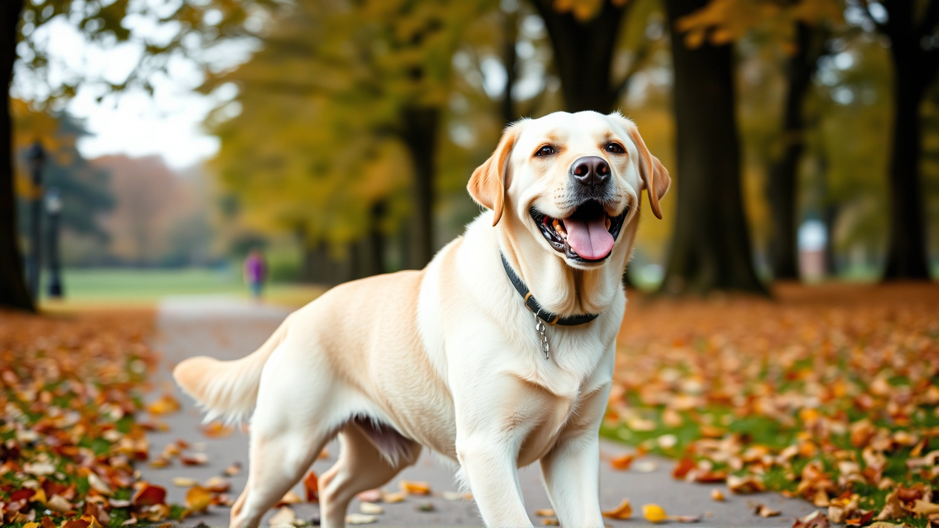 Senior Labrador retriever walking comfortably in a park after acupuncture therapy, autumn leaves on the ground, happy expression