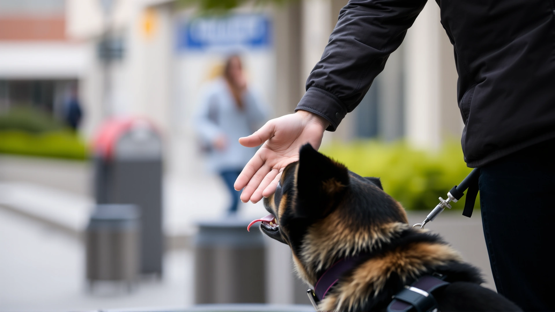 Person politely extending a hand toward a service dog handler before petting the dog, outdoor urban setting with blurred background.