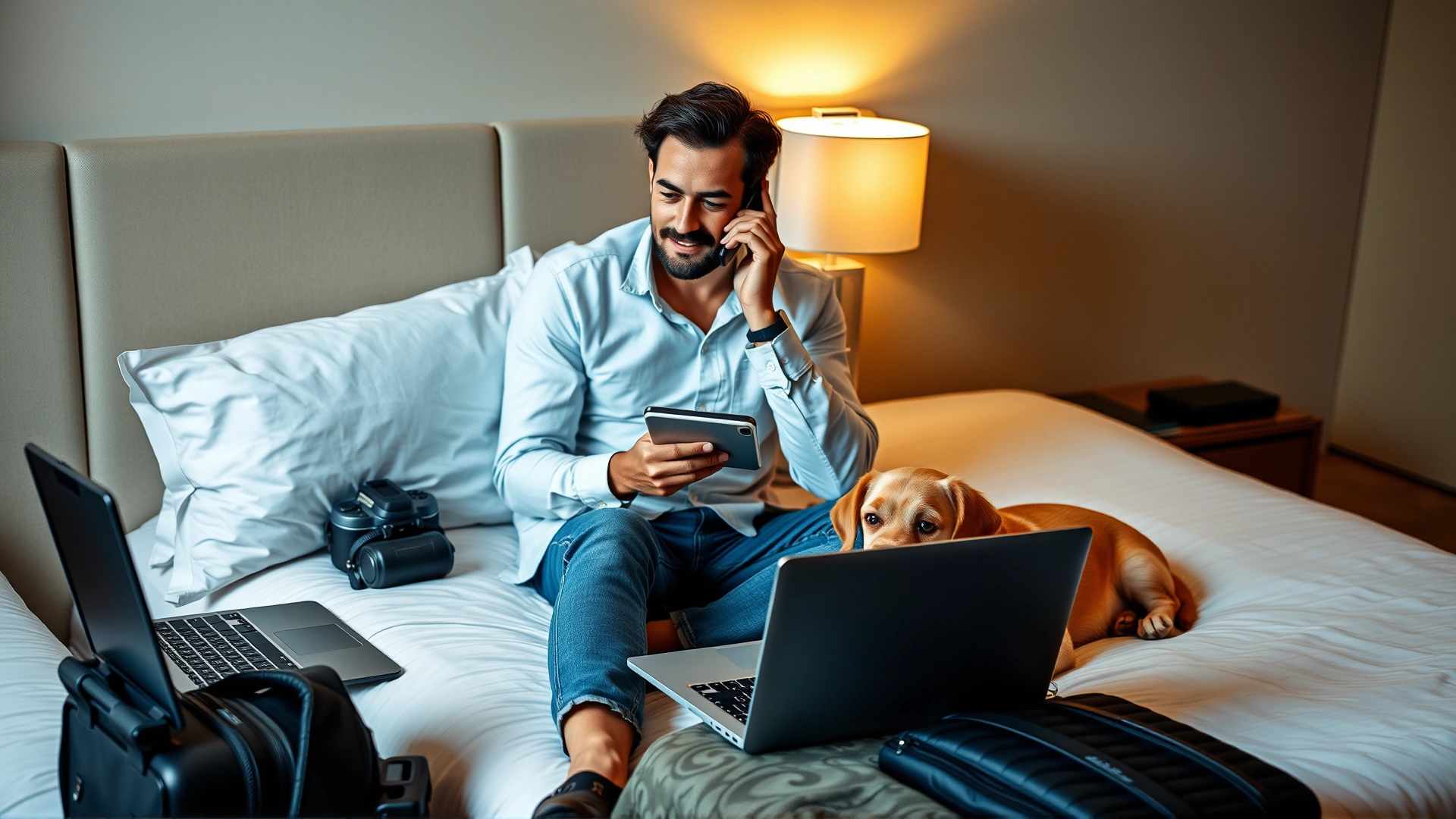 Traveler sitting on bed with smartphone and notepad making a phone call, small dog laying by open laptop and suitcase, ambient hotel lighting.