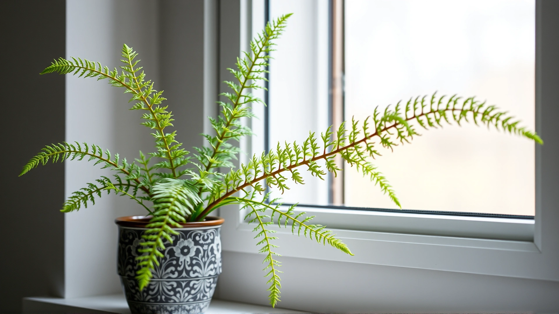 Asparagus fern houseplant in a decorative pot on a windowsill, sharp focus, neutral background, no text
