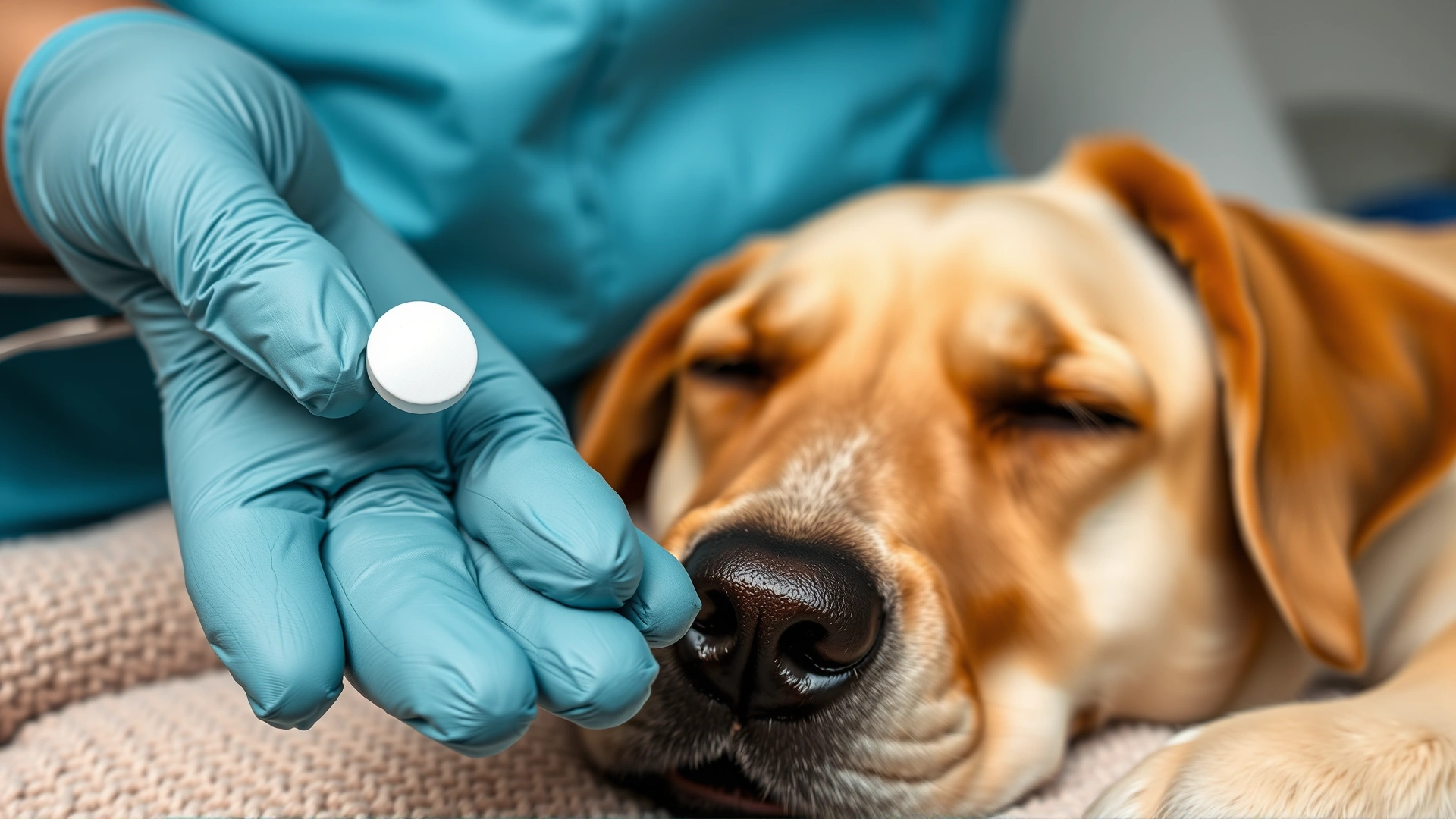 Close-up of a veterinarian’s gloved hand holding a single white aspirin tablet next to a sleeping Labrador retriever on a soft blanket, no text.