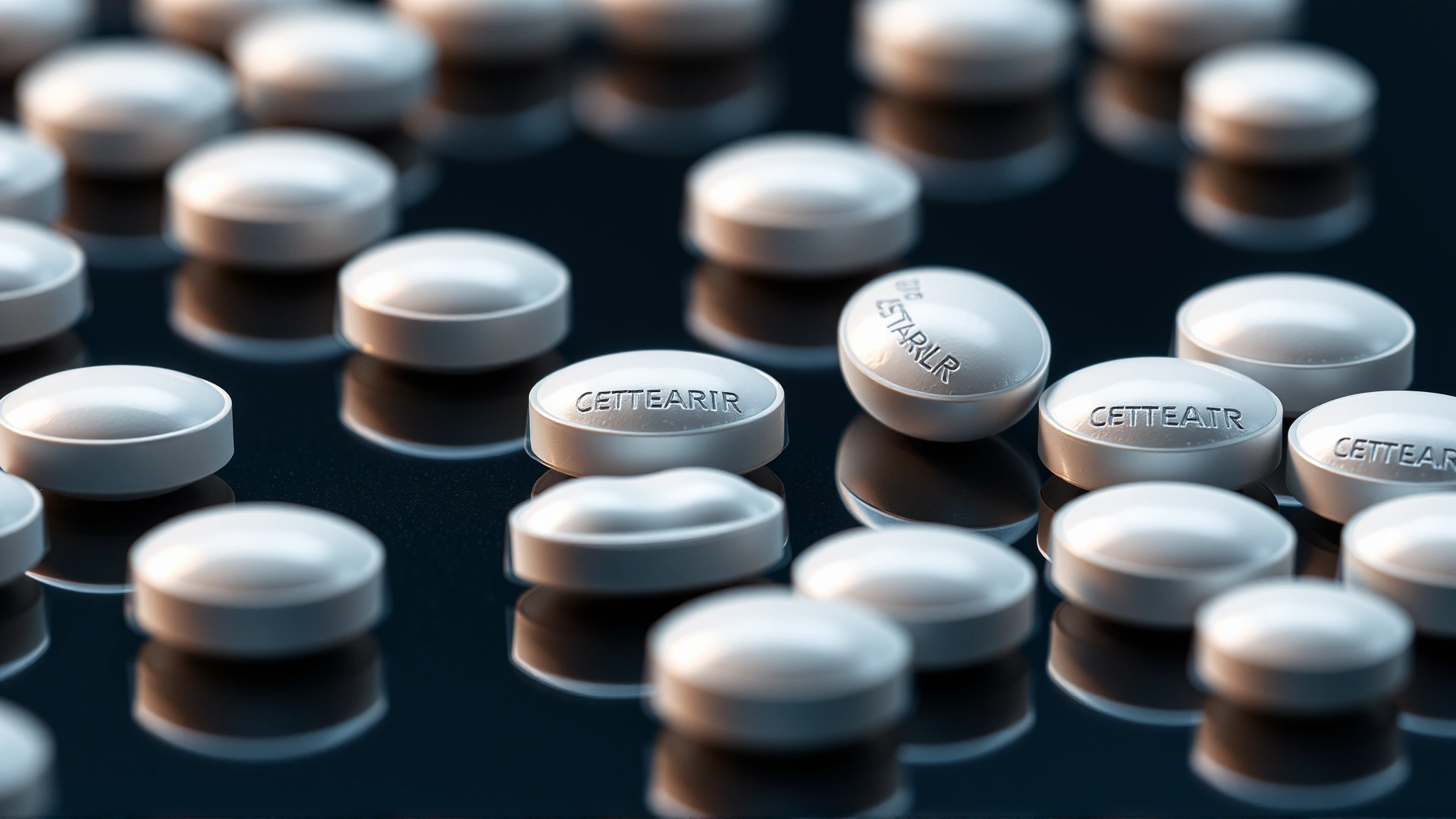Close-up macro shot of scattered aspirin tablets on a reflective surface, high detail, no text