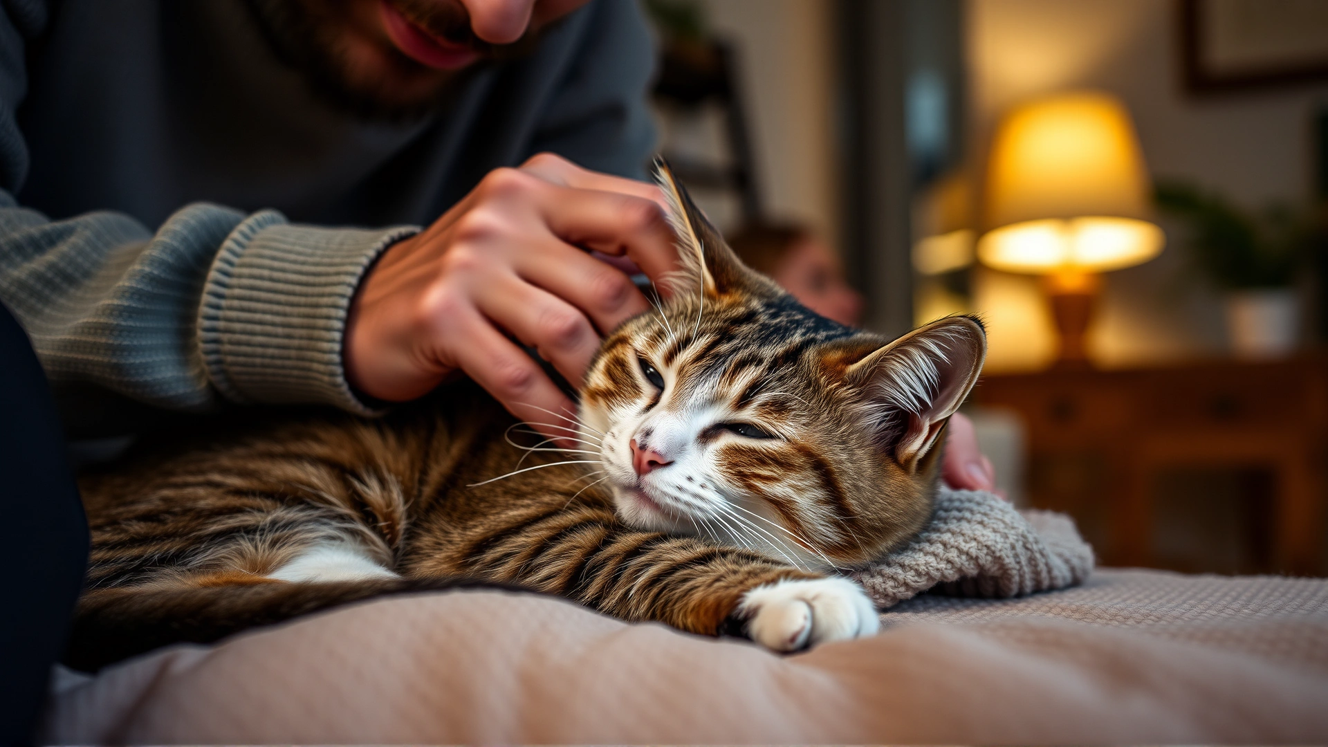 Owner gently brushing an older cat resting comfortably on a soft blanket at home, warm ambient lighting.