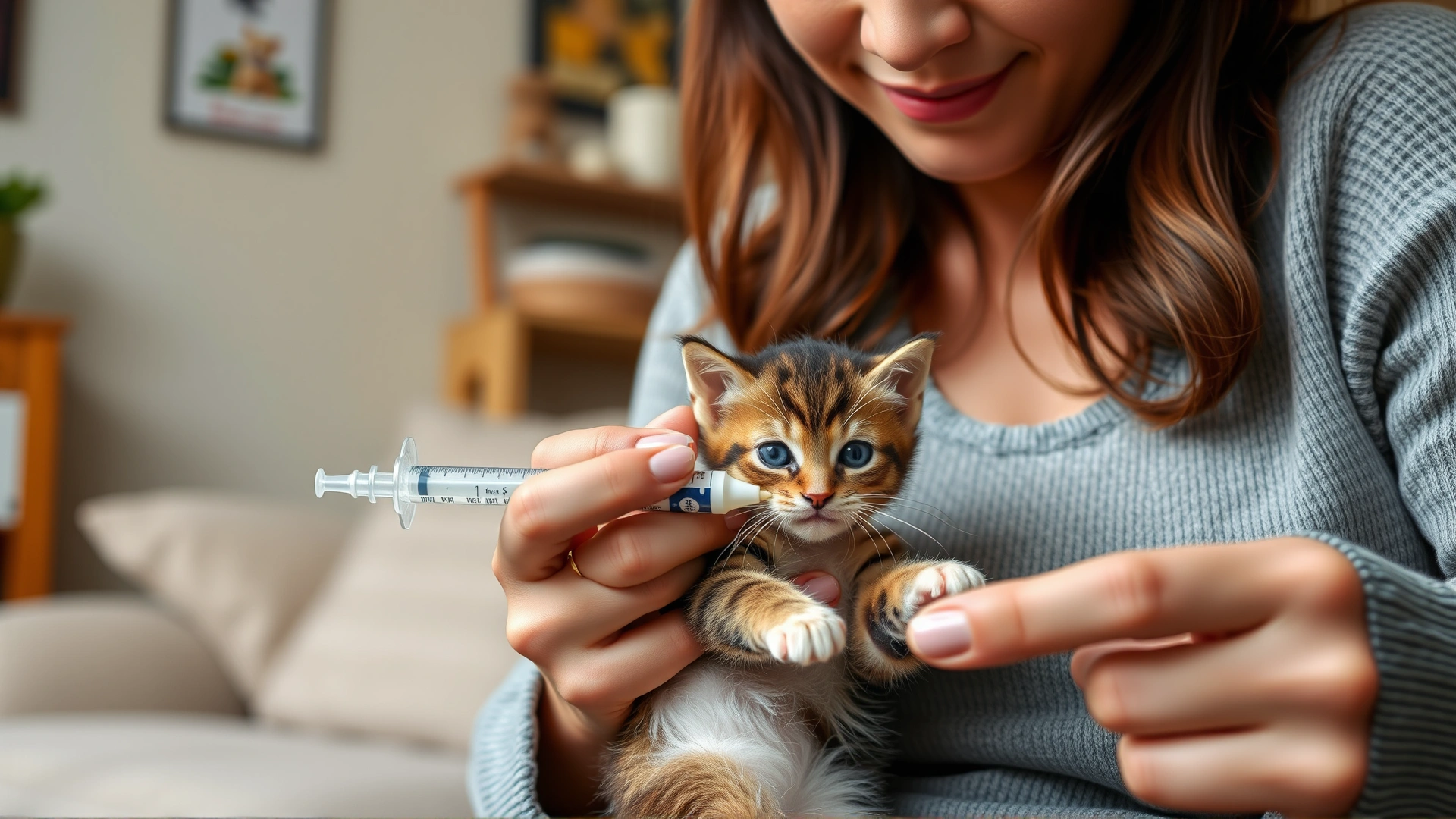 Cat owner holding a small kitten and syringe-feeding it a liquid formula at home, cozy indoor background