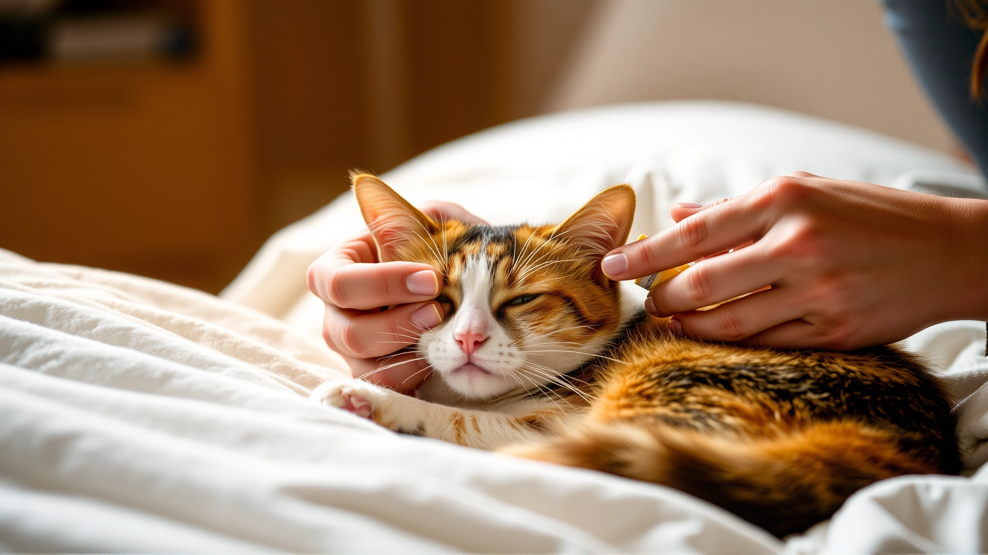 Cat owner gently giving oral medication to a calico cat resting in a cozy bed at home, warm lighting, no text