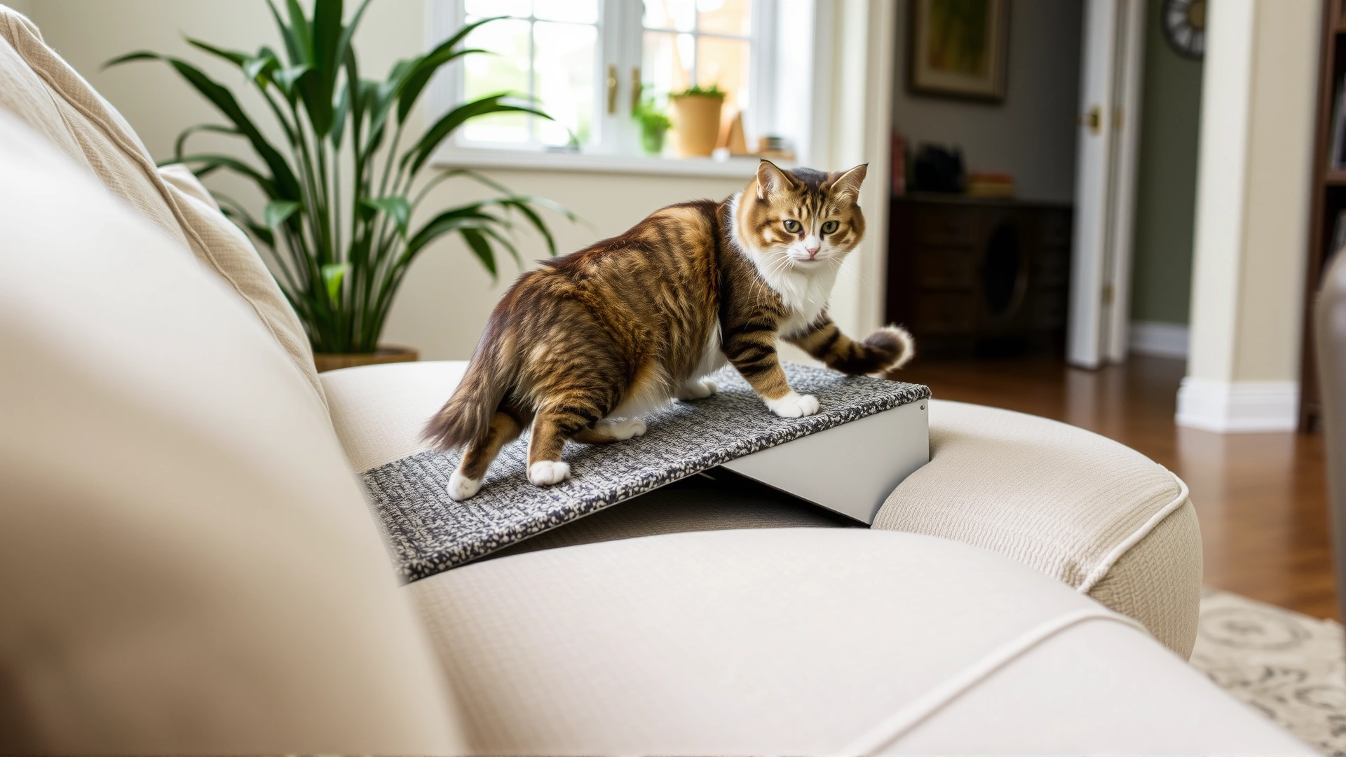 Indoor scene of a cat using a small carpeted ramp to climb onto a sofa, showcasing a safe home environment for pets with mobility issues.