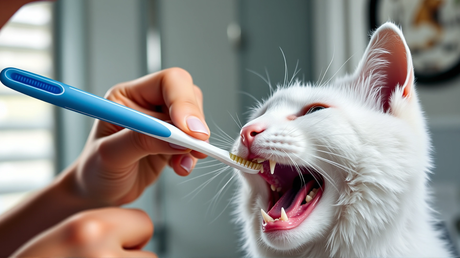 Owner brushing a white cat's teeth with a pet toothbrush in a calm home bathroom, close-up on mouth area