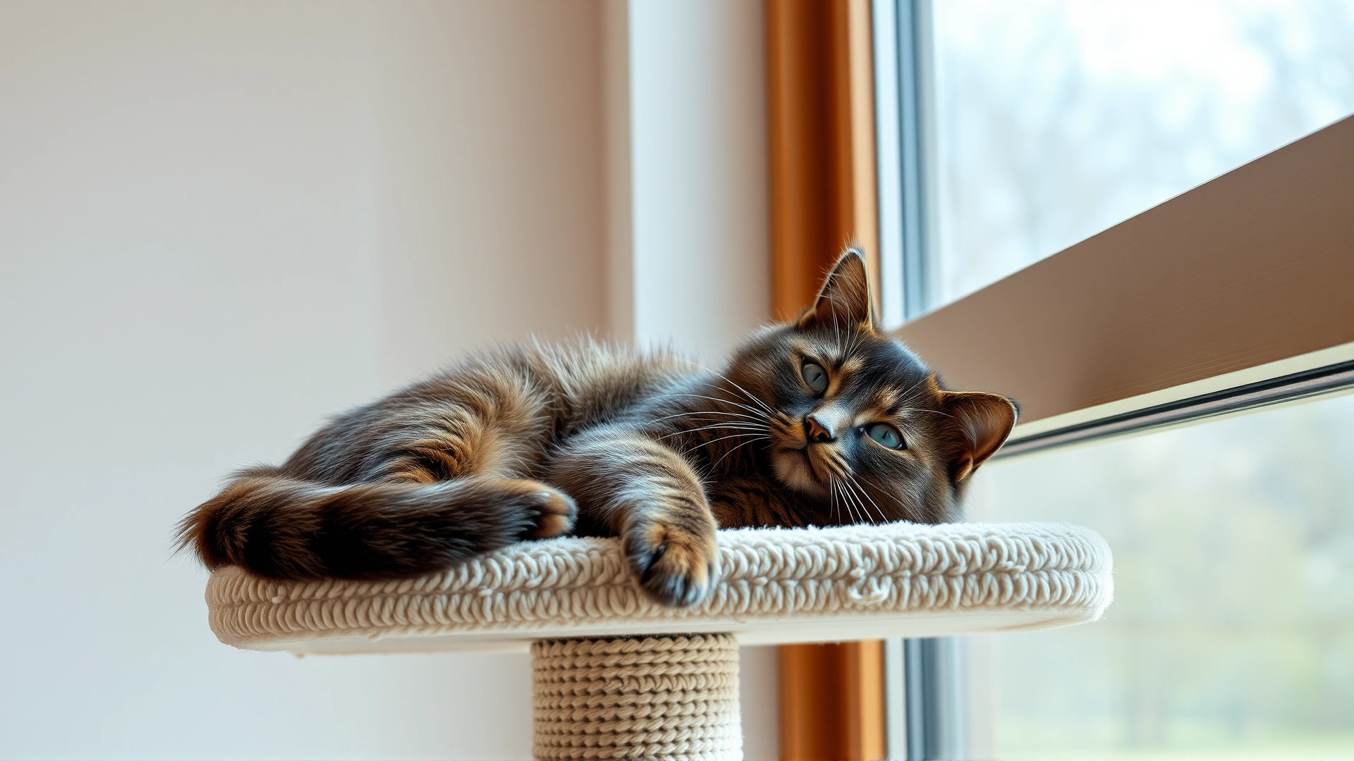 Adult Tiffany cat lounging on a modern cat tree next to a large window with natural daylight.