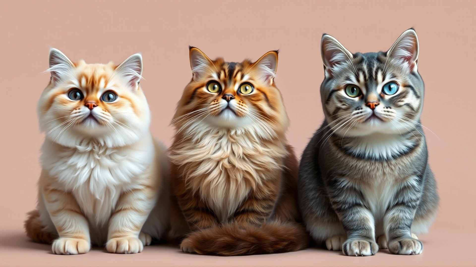 Portrait collage of a Persian cat, Himalayan cat, and British Shorthair sitting side by side against a neutral background