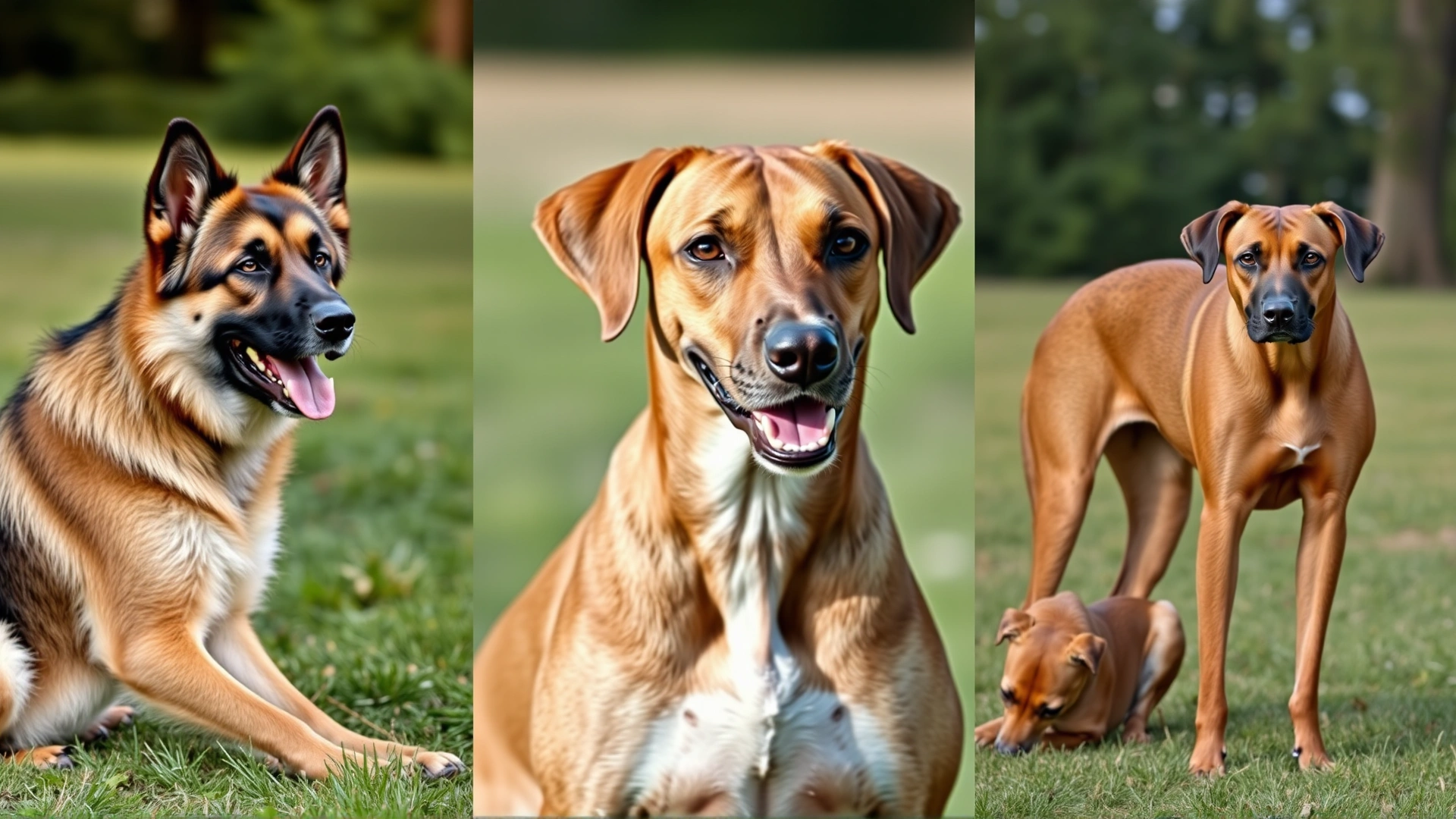 Collage of several dog breeds prone to FCE (German Shepherd, Labrador Retriever, Boxer, Greyhound) sitting or standing outdoors on grass