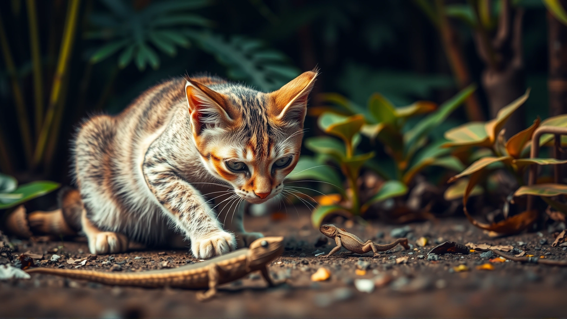 Outdoor cat crouching and stalking a small lizard in a tropical garden, showcasing risky hunting behavior, vivid colors, shallow depth of field