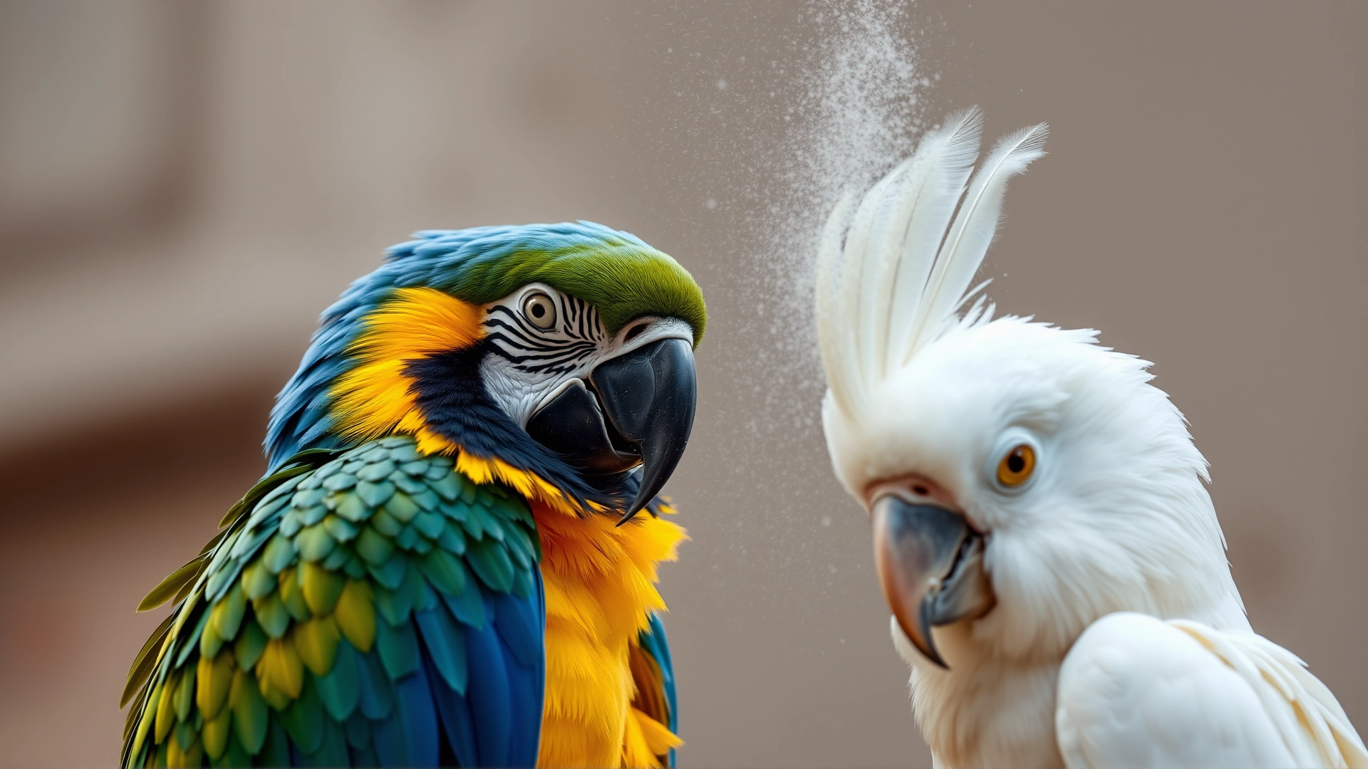 Group shot of a blue-and-gold macaw perched next to a white cockatoo with visible feather dust in the air, illustrating cross-species dander exposure