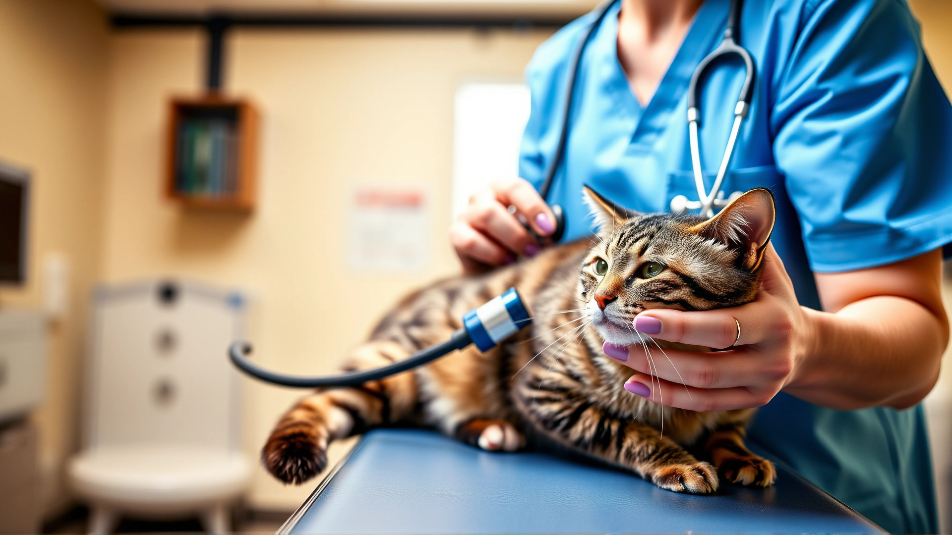 Veterinarian auscultating a calm cat’s chest with a stethoscope on an examination table. Bright, clean clinic environment, friendly atmosphere.